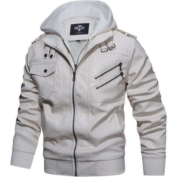 🆕 Hood Crew PU Faux Leather Zipper Jacket Men White Stand Collar Bomber Hood - Picture 4 of 6